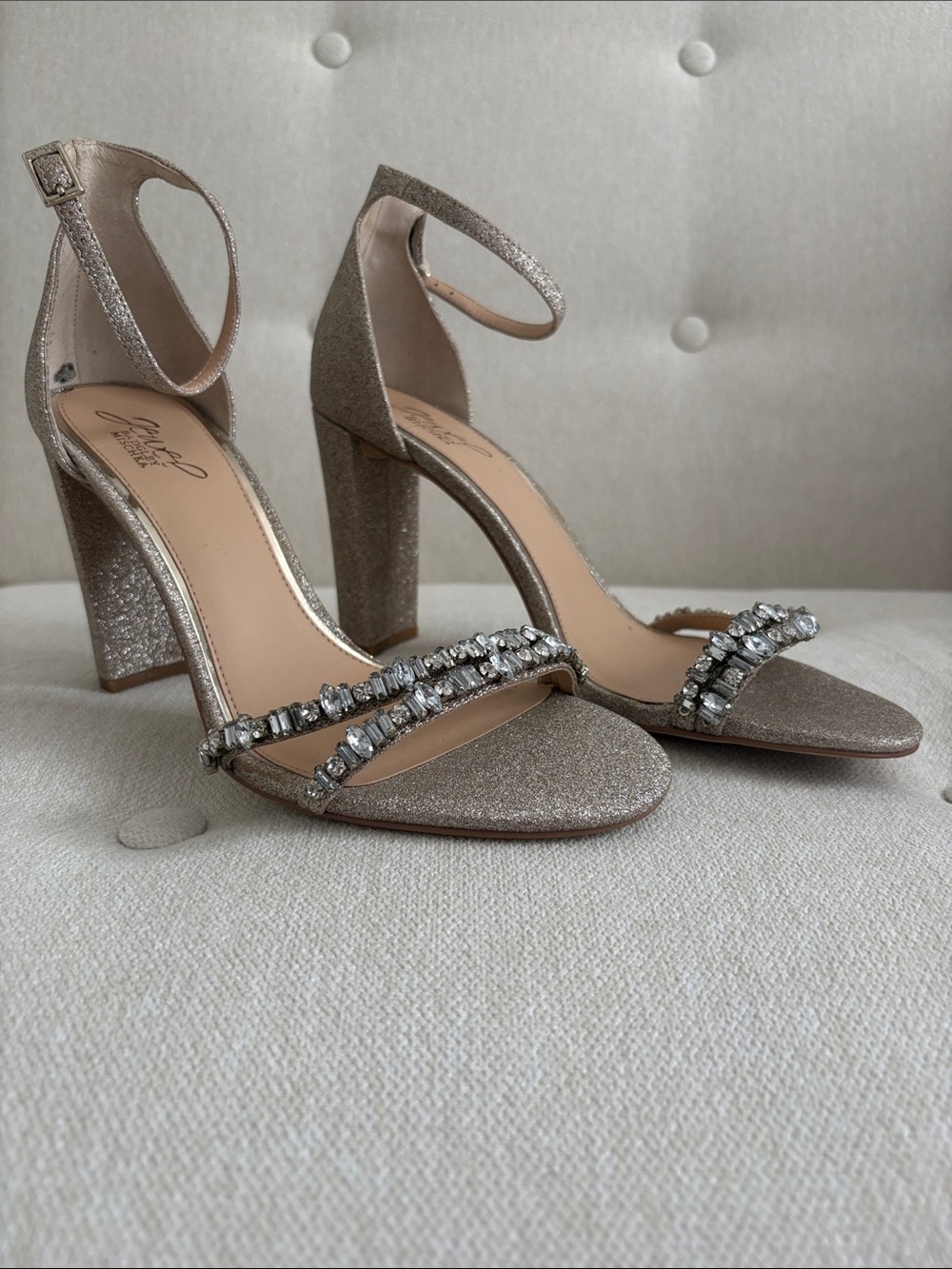 Jewel Badgley Mischka Gold Glitter Block Heel Sandals with Crystal Straps
